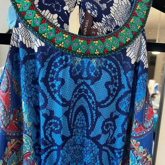 585 Anthropologie Ranna Gill Blue Boeh Maxi Dress Beaded Pleated Size 2 - Picture 6 of 8